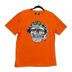 Apparel Corp ZAZA Skull Mens Orange 100% Cotton Rhinestones Size Large T Shirt